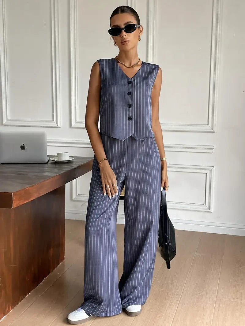Dam Set | Ärmös Randig Väst & Vida Byxor | Knäppning | Polyester Sommarlook