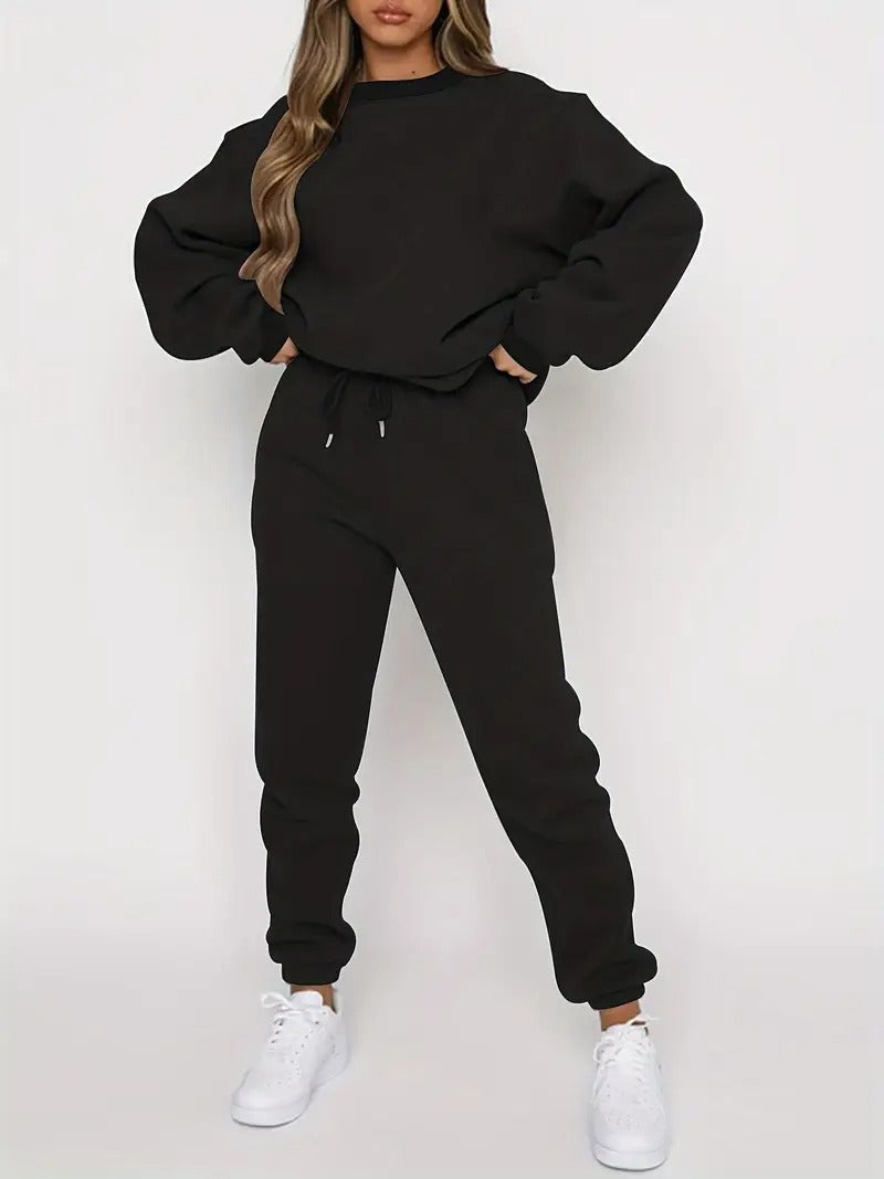 Damset | Sweatshirt & Sweatpants | Effen Design & Avslappnad Passform i Polyesterblandning