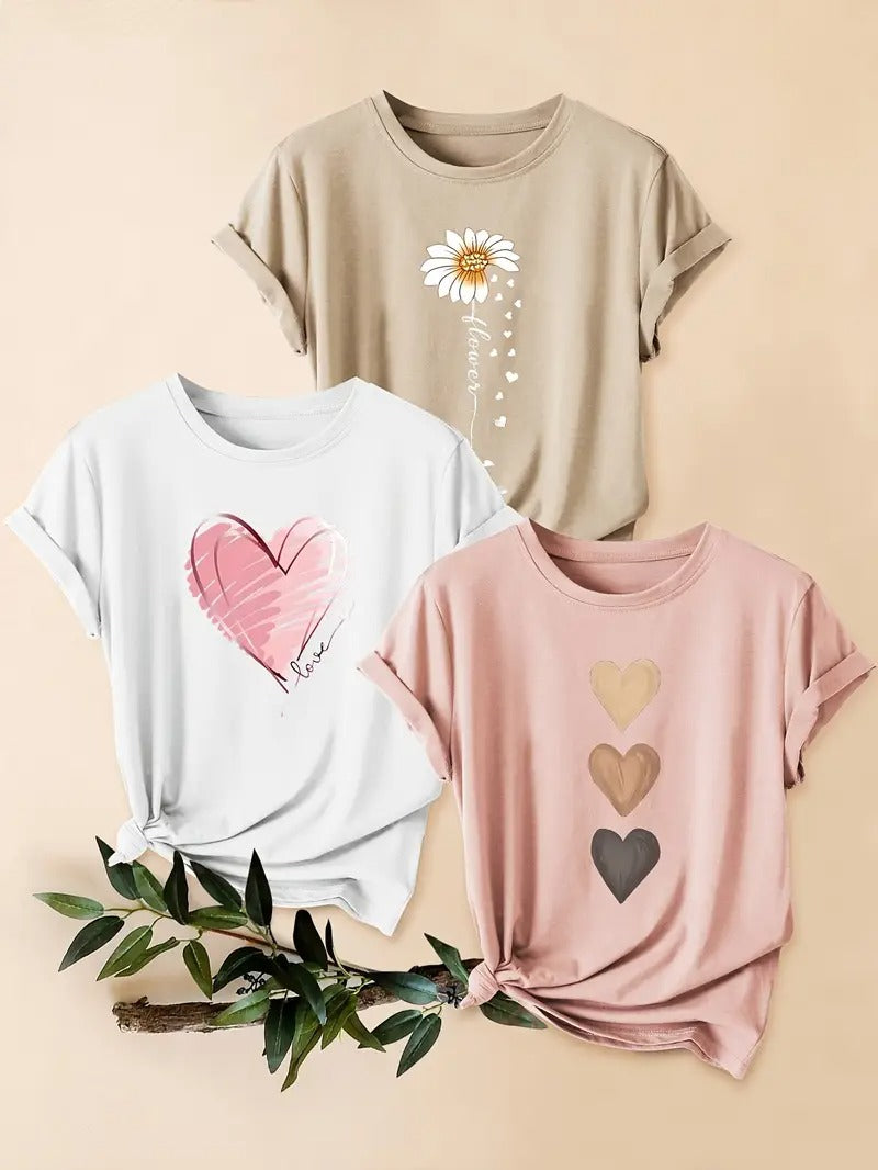 Dams Set | 3-delad T-shirt & Shorts | Retro Stil & Blommigt Tryck