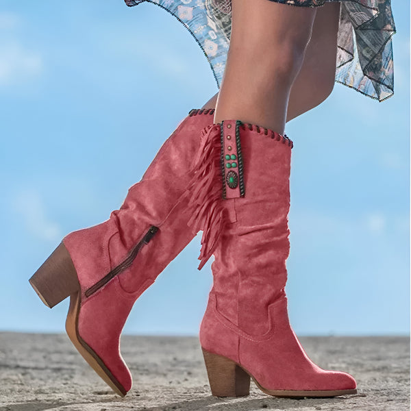 Dam Knähöga Boots | Vintage Stil | Spetsig Tå & Fyrkantig Klack