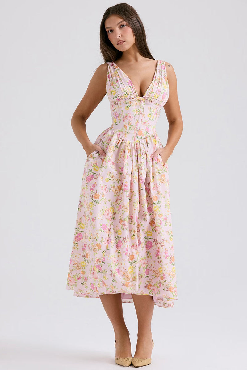 Dam Midiklänning | Boho Blommönster & V-ringning | Ärmlös A-linjeform | Sommar & Bröllop