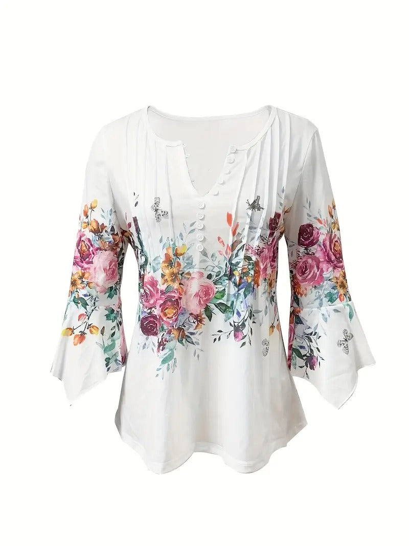 Blommig blus för kvinnor | Notch hals & knapp upp | luftig & feminin stil