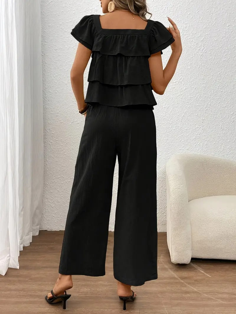 Damsset | Bekväm Passform & Praktiska Fickor | Somrig V-ringad Blustopp & Vävd Byxa i Polyester