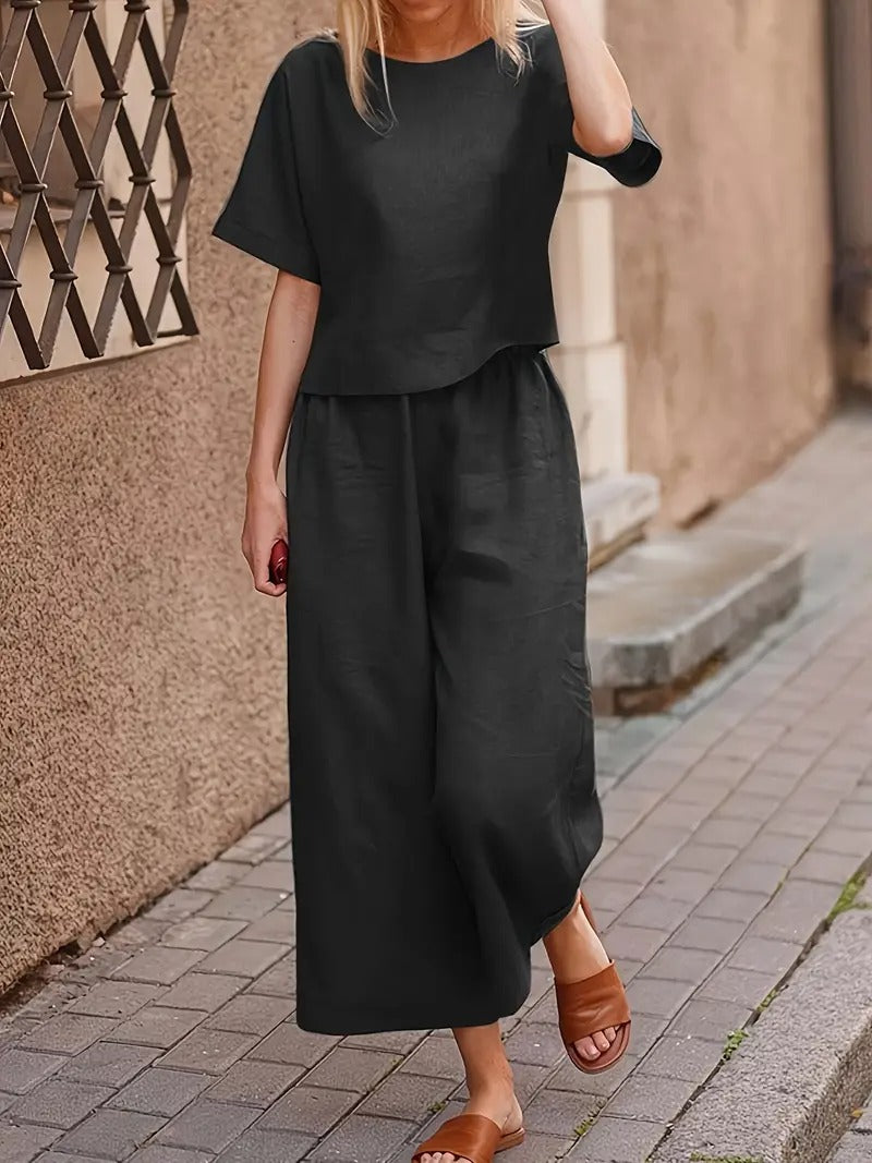 Damset | Runda Hals T-shirt & Vida Byxor | Avslappnad Tvådelad Look | Enfärgad Polyester