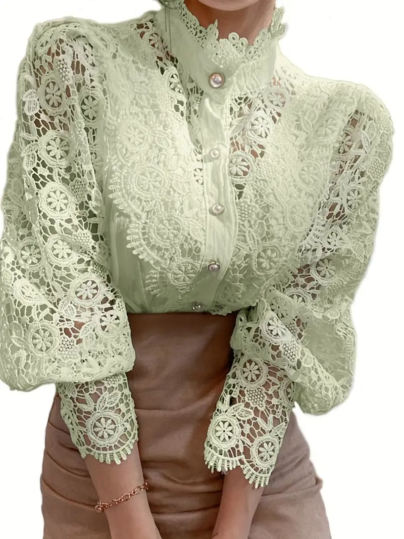 Dam Blus | Viktoriansk Stil | Pärlknappar & Spetsdetaljer | Elegant Långärmad Topp