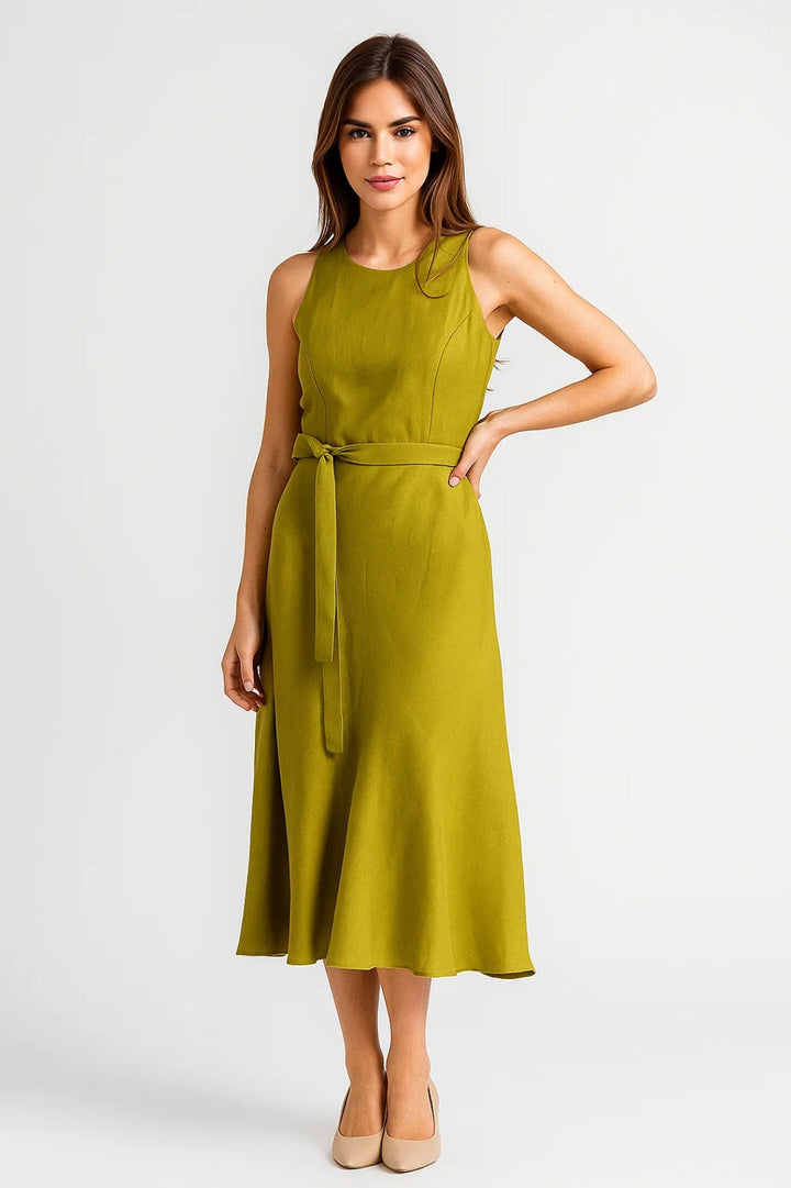 Dam Klänning | Midi Elegant | Ärmlös Met Midjeband | Sommar