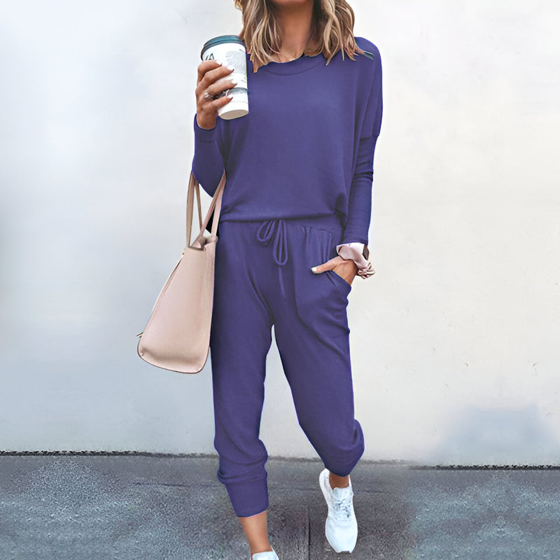 Kvinnor Pyjamas Set | Mjuk & Enfärgad | Långärmad Topp | Byxor med Dragsko