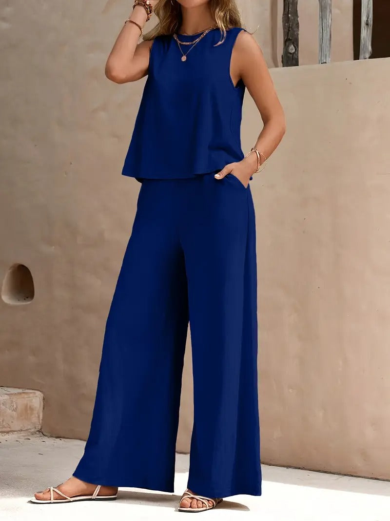 Bohemisk Strandoutfit | Avslappnad och Luftig | Mouwlös Top & Vida Byxor | Polyester för Sommar