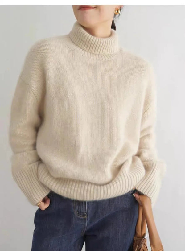 Damtröja Höst | Hög Krage & Lång Ärmsmodell | Lös Stickad Jumper | Enfärgad Design