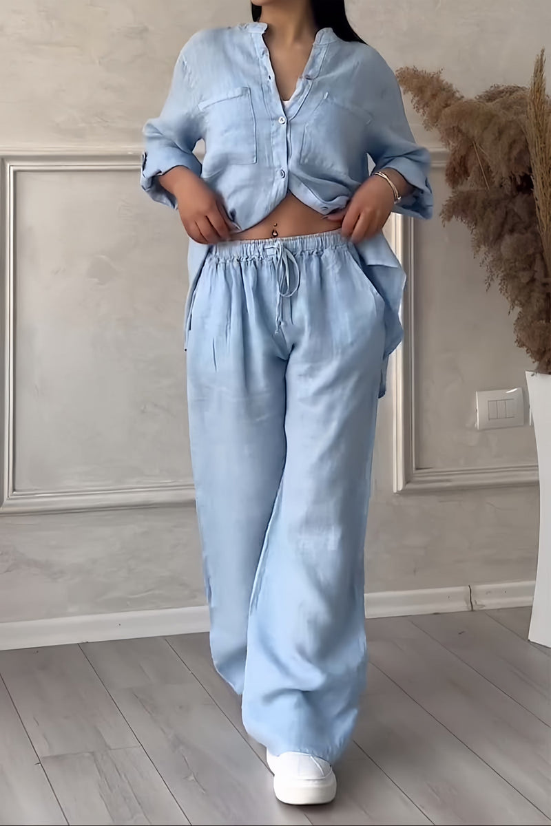 Tvådelad damkostym | Avslappnad skjorta med bröstficka & byxor med vida ben | Mjuk och följsam polyester