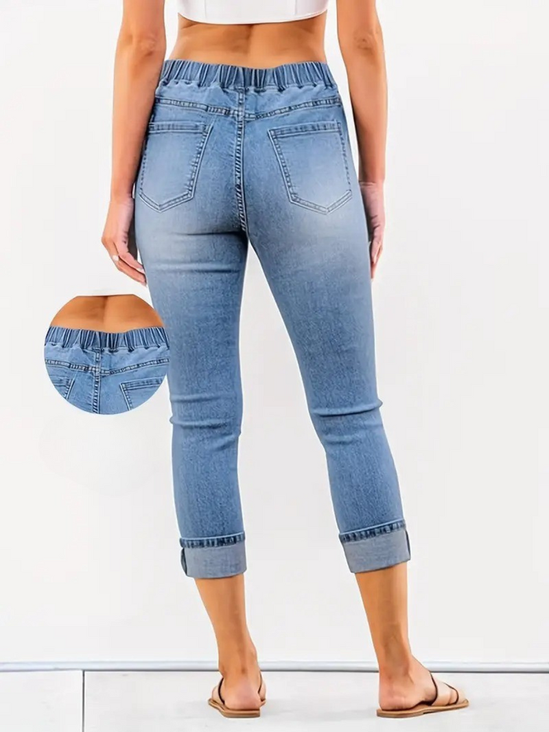 Kvinnors Byxor | Hög Midja Jeans | Stretchig Denim med Dragsko | Blå