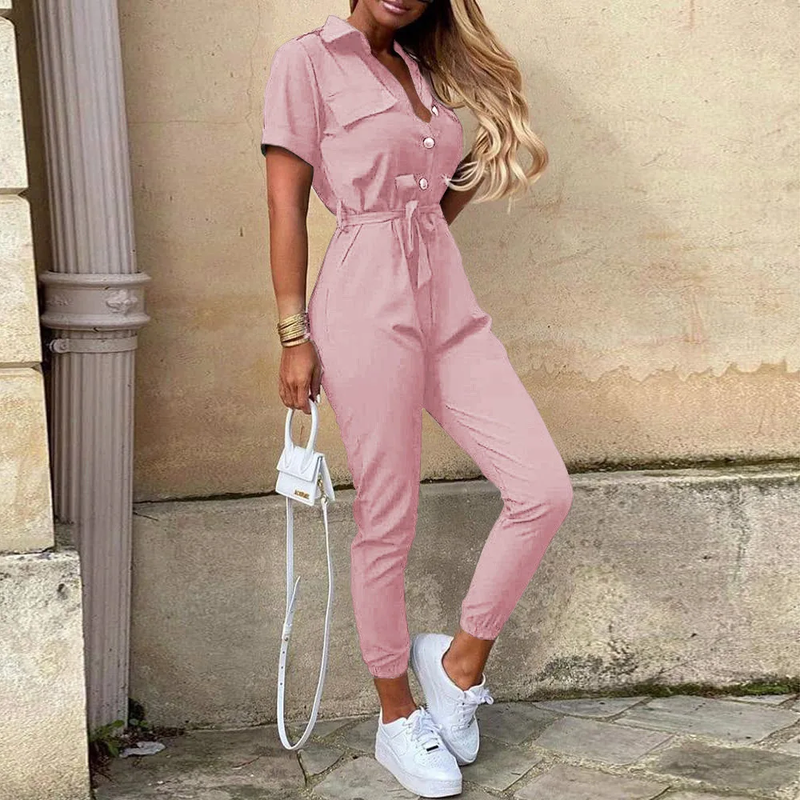 Jumpsuit för Dam | Kort Ärmsmodell med Krage | Elegant Passform & Bälte | Polyester