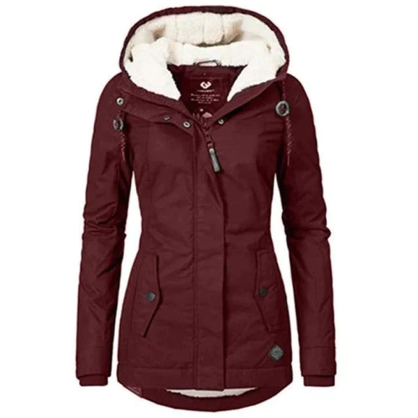 Damparka Vinter | Huva & Tjock Plysch | Mellanlång Varm Jacka | Bomstickad struktur & Polyester