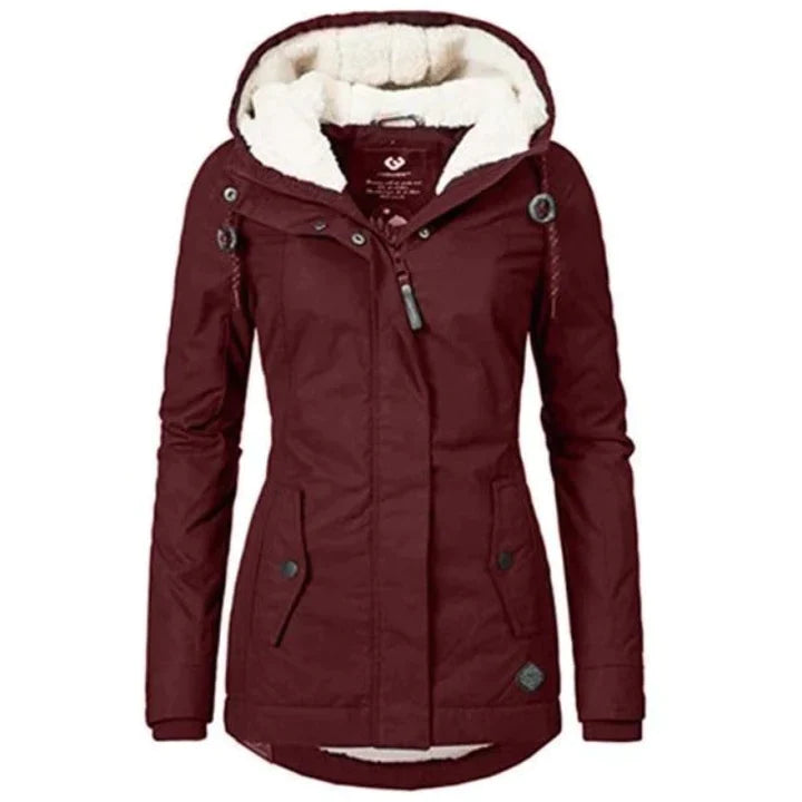 Damparka Vinter | Huva & Tjock Plysch | Mellanlång Varm Jacka | Bomstickad struktur & Polyester