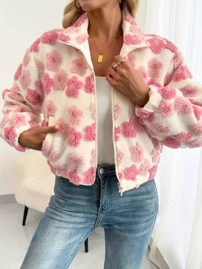 Damjacka | 3D-blommor & dragkedja | trendig ståkrage | alla årstider | modejacka i polyester