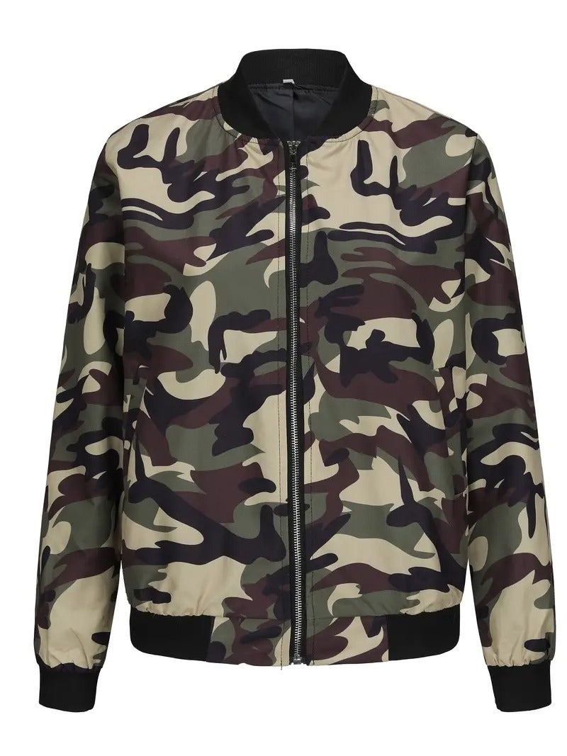 Damjacka | Camouflage & Skstickad struktur Print | Lättviktspolyester & Dragkedja | Baseballkrage