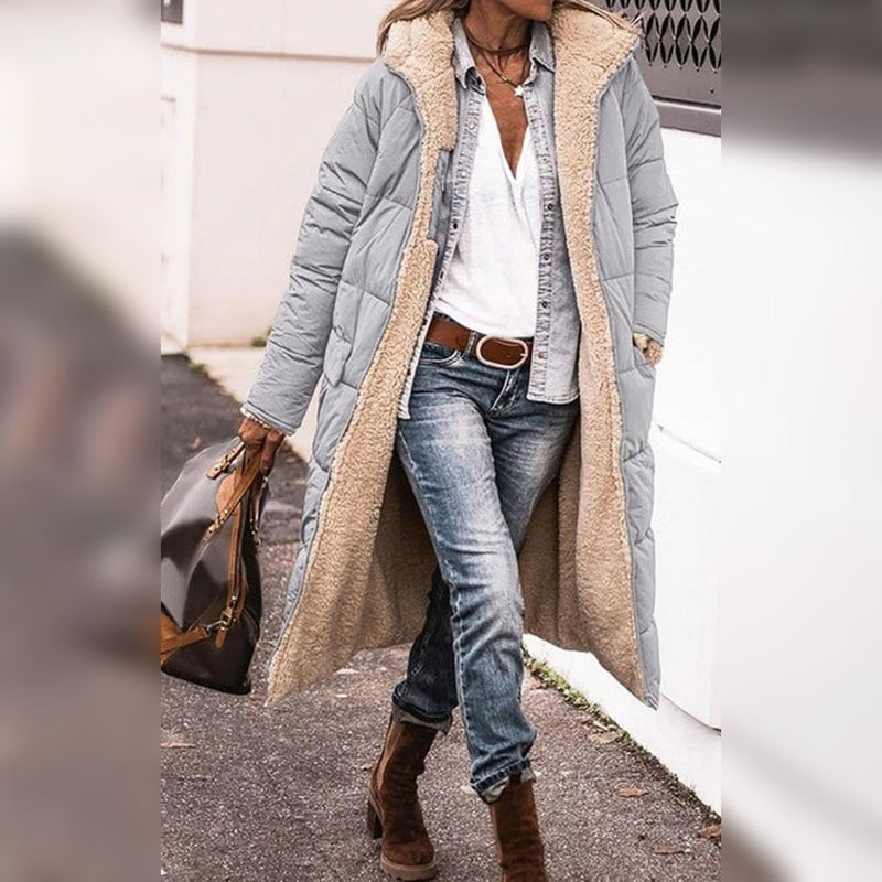 Damjacka Vinter Fleece | Enfärgad Hooded Parka | Lång Är | Polyester