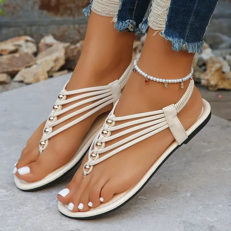 Dam Sandaler | Bohemisk Stil & Pärlband | Öppen Tå & Platt Sula
