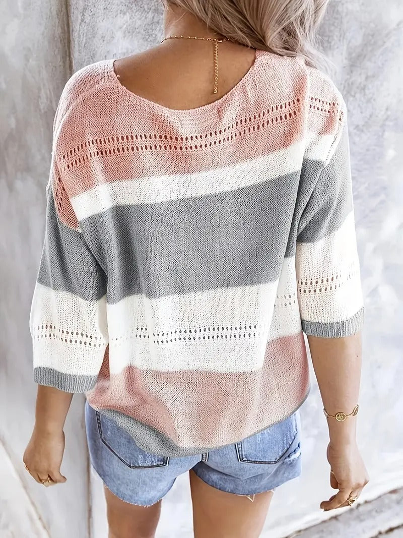 Dam Tröja | V-ringning & Off-Shoulder | Randig Stickad med Håldetaljer | Ljusgrå & Rosa