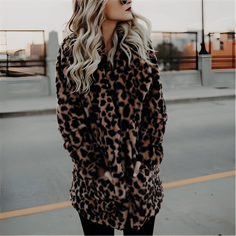 Leopardmönstrad Jacka för Dam | Huva & Öppen Front | Vardagshöst & Vinter | Fleece i Polyester