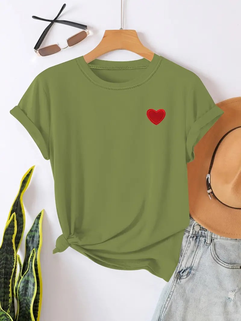 T-shirt för kvinnor | Hjärtformat tryck & Rund hals | Avslappnade korta ärmar | För vår & sommar