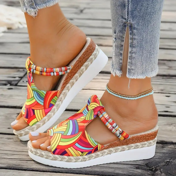 Damsandaler | Färgglad Graffiti & Kilklack | Espadrille Slip-On för Sommaren