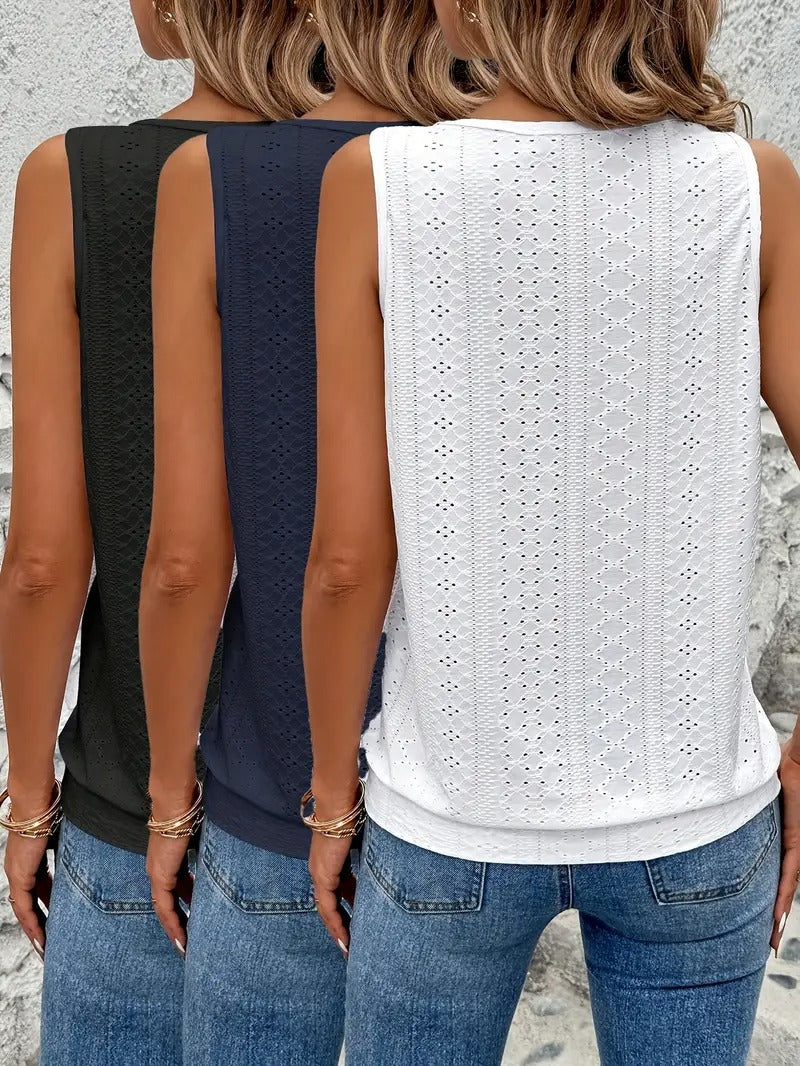 Tanktops för kvinnor | 3-pack med broderidetaljer & nyckelhål | sommar & ärmlös design