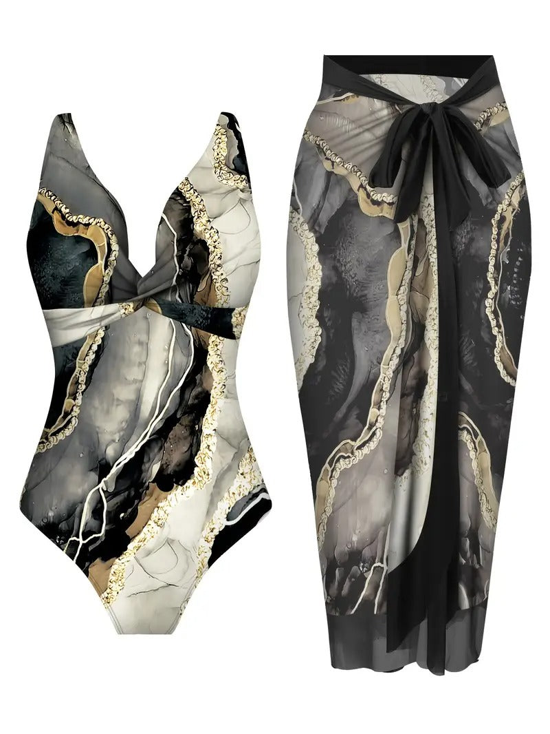 Damset | Tvådelat Set med Bodysuit & Omlottkjol | Havsinspirerad Print & Elegant Twistdesign