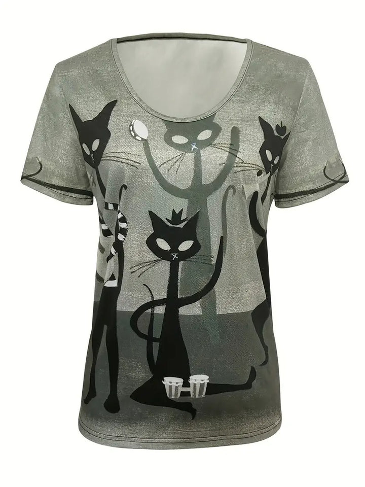 Dam T-shirt | Kattmotiv | Kortärmad &amp; Avslappnad Passform | För Vår &amp; Sommar