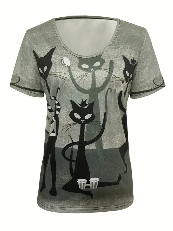 Dam T-shirt | Kattmotiv | Kortärmad & Avslappnad Passform | För Vår & Sommar