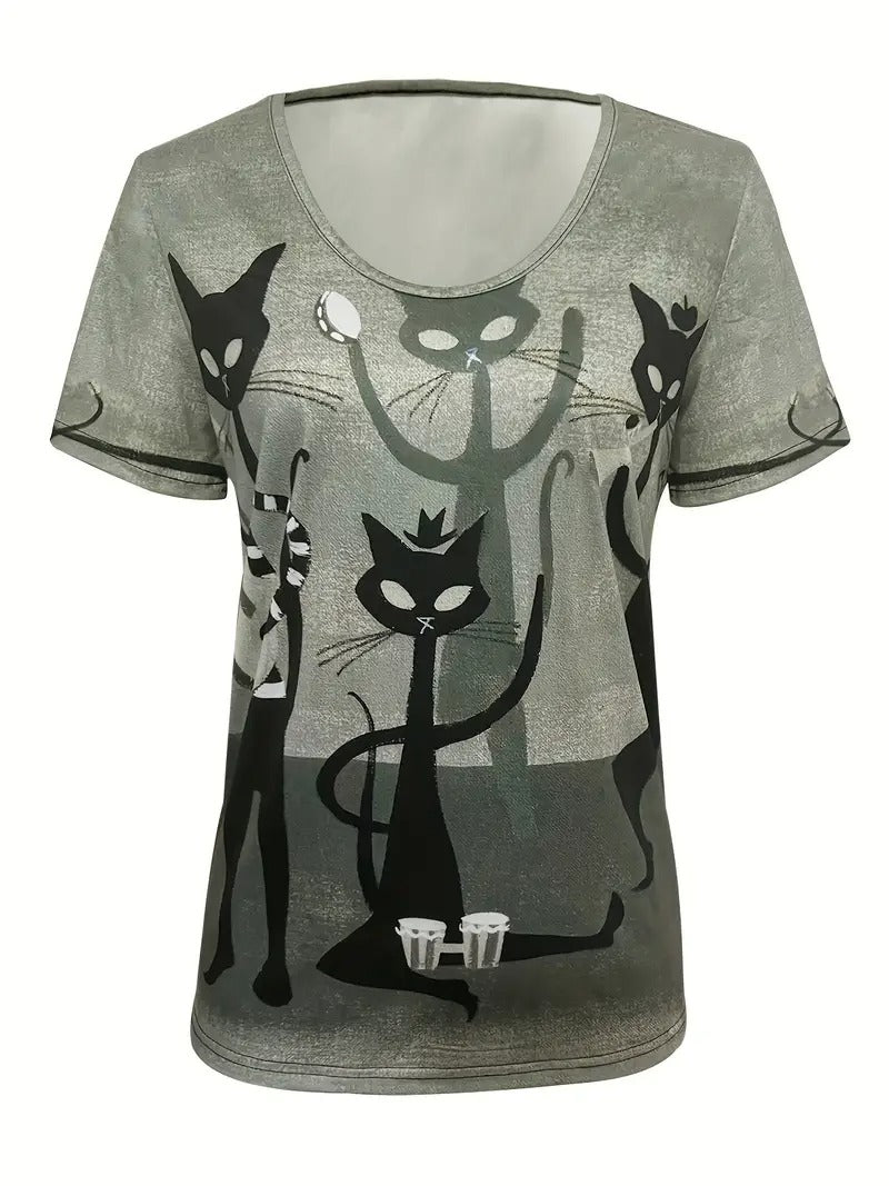 Dam T-shirt | Kattmotiv | Kortärmad & Avslappnad Passform | För Vår & Sommar