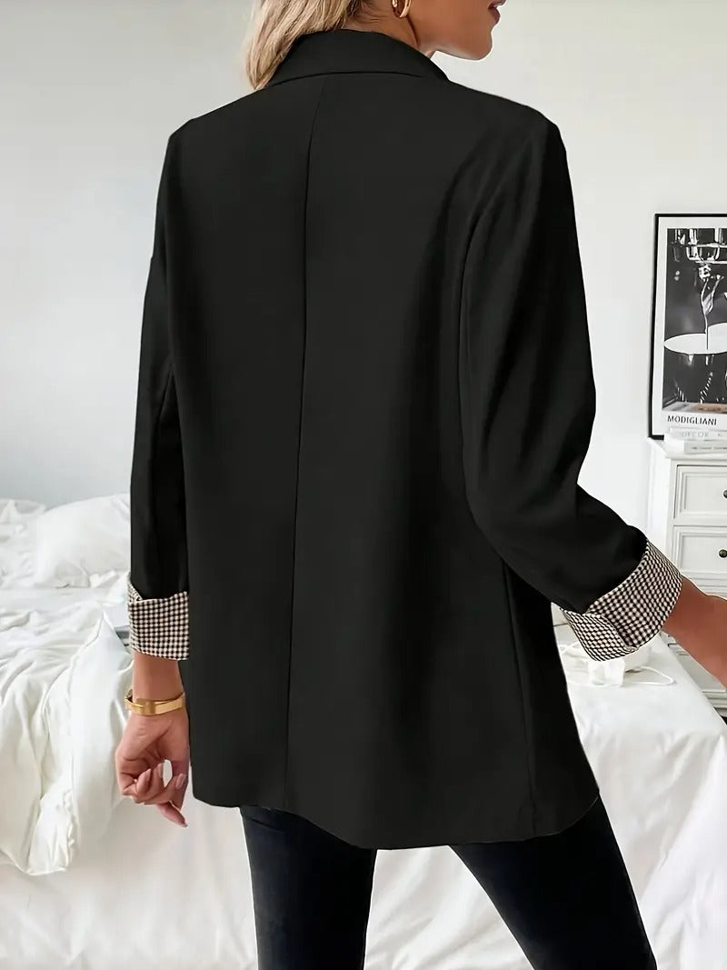 Blazer för dam | Svart stil & rutiga ärmar | Elegant omvänd krage | Casual till formell | Vår & sommar