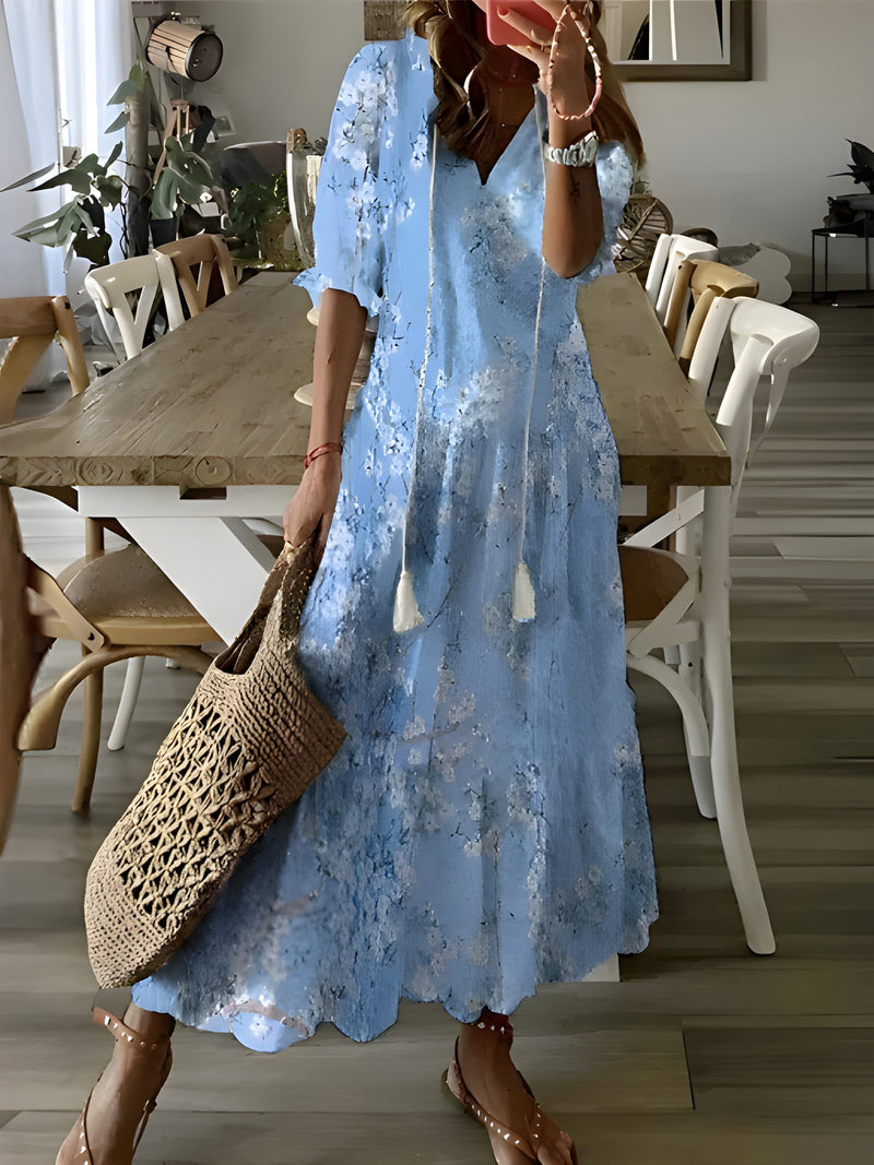 Dam Bohemisk Maxiklänning | Lätt Sommarstil | V-ringning & Justerbar Midja | Polyester