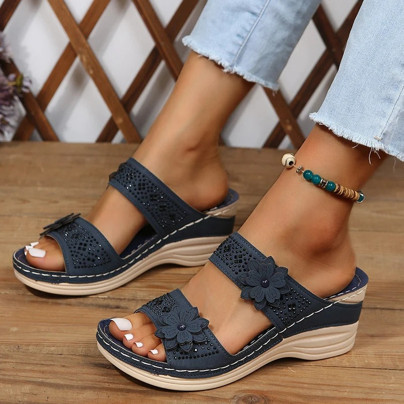 Damtofflor | Retro Wedge Sandals | Avslappnade och bekväma | Plattformstofflor med blomdesign