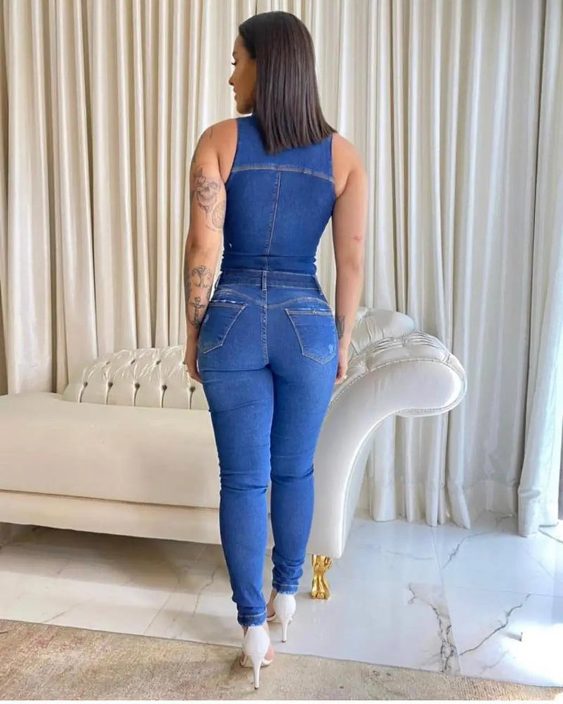 Chic rippad denim bodycon jumpsuit för kvinnor med snygg look | Nova