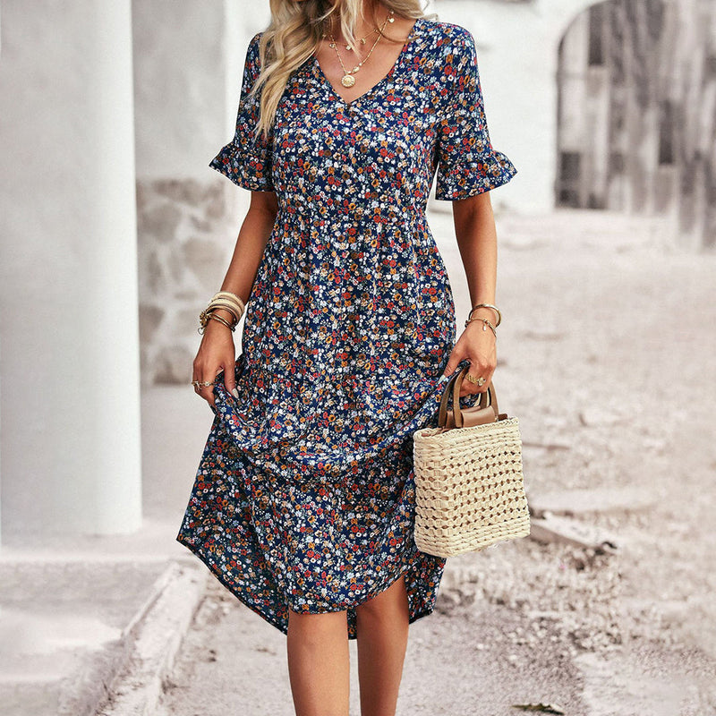 Dam Boho Maxiklänning | Blommigt Mönster & Volanger | V-ringning