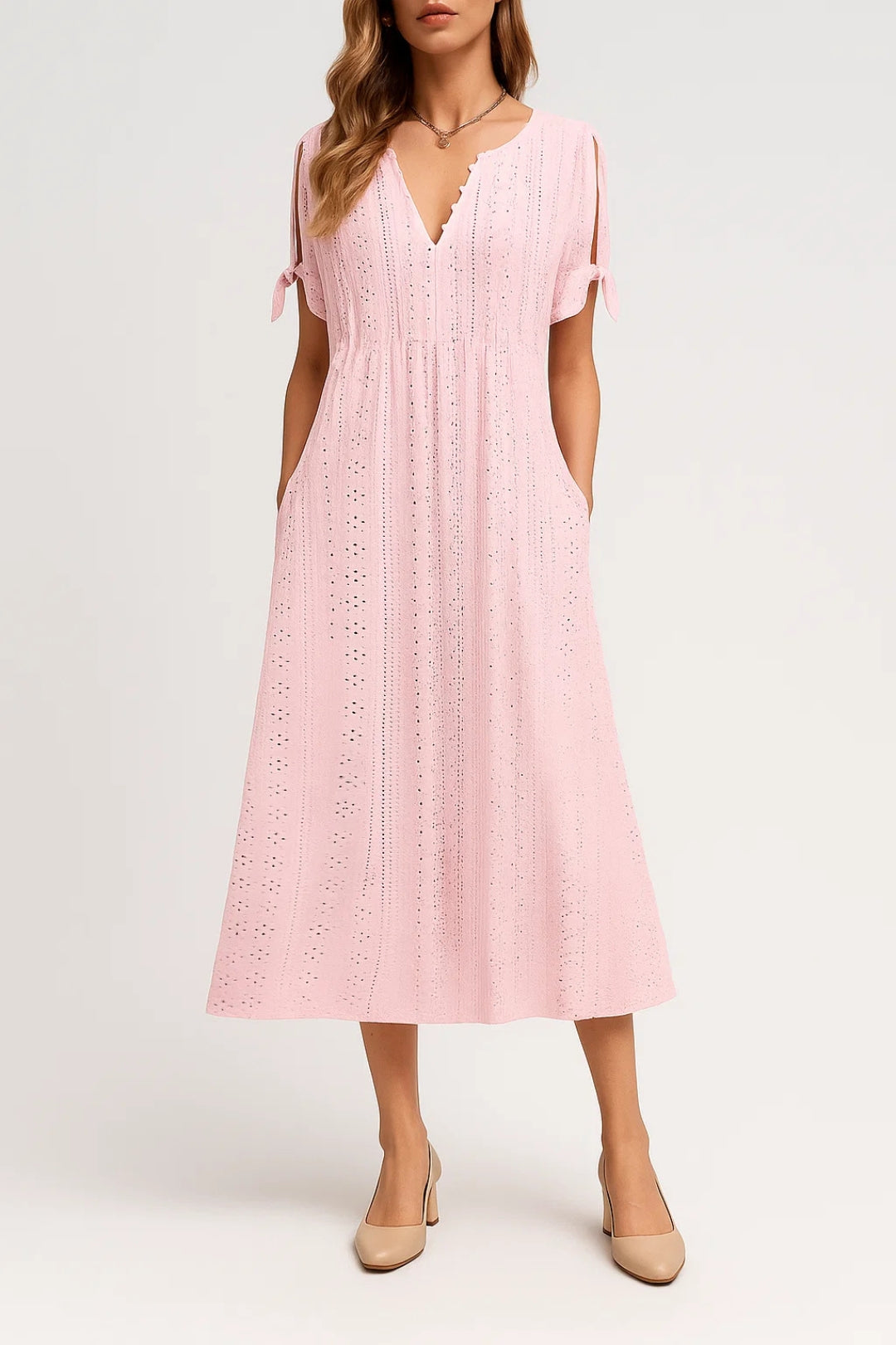 Dam Klänning | Elegant | V-ringad Midi Kort Ärm | Sommar