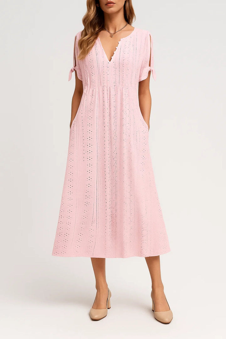 Dam Klänning | Elegant | V-ringad Midi Kort Ärm | Sommar