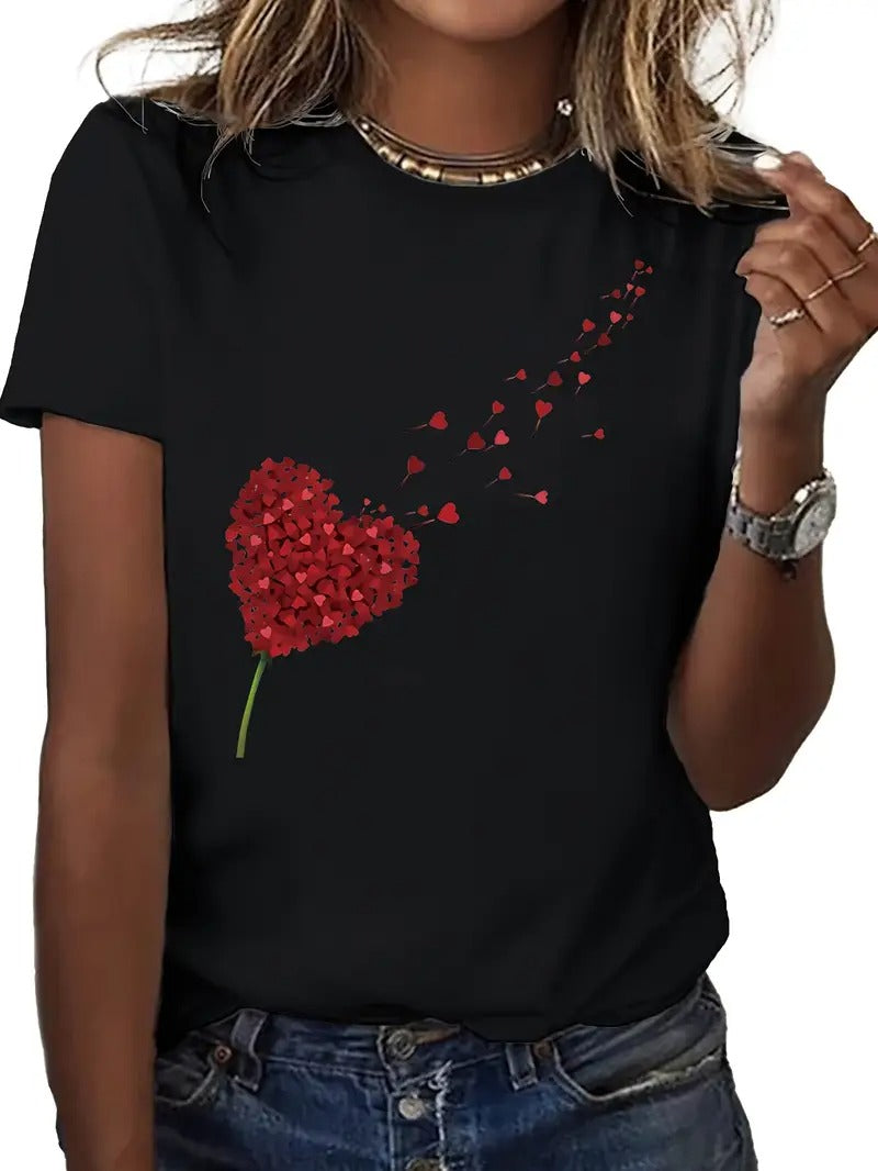 Damt-shirt | Svart &amp; Hjärttryck | Bekväm Kortärmad Topp för Vår &amp; Sommar