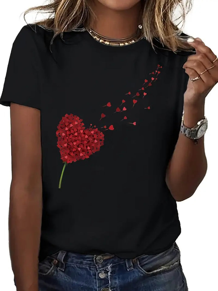 Damt-shirt | Svart &amp; Hjärttryck | Bekväm Kortärmad Topp för Vår &amp; Sommar