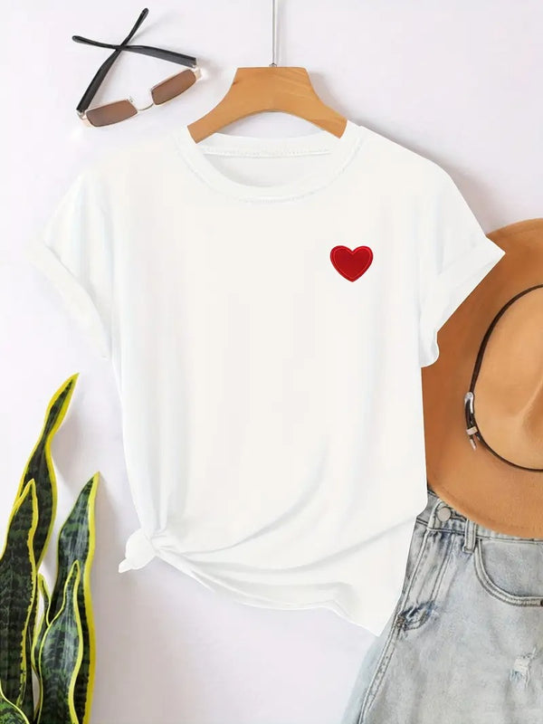 T-shirt för kvinnor | Hjärtformat tryck & Rund hals | Avslappnade korta ärmar | För vår & sommar