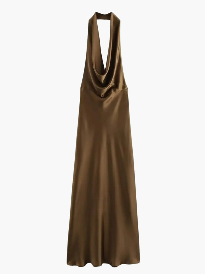 Klänning Maxi | Elegant Satin-Maxiklänning med Vattenfallskrage | Ärmlös | Fest &amp; Kväll