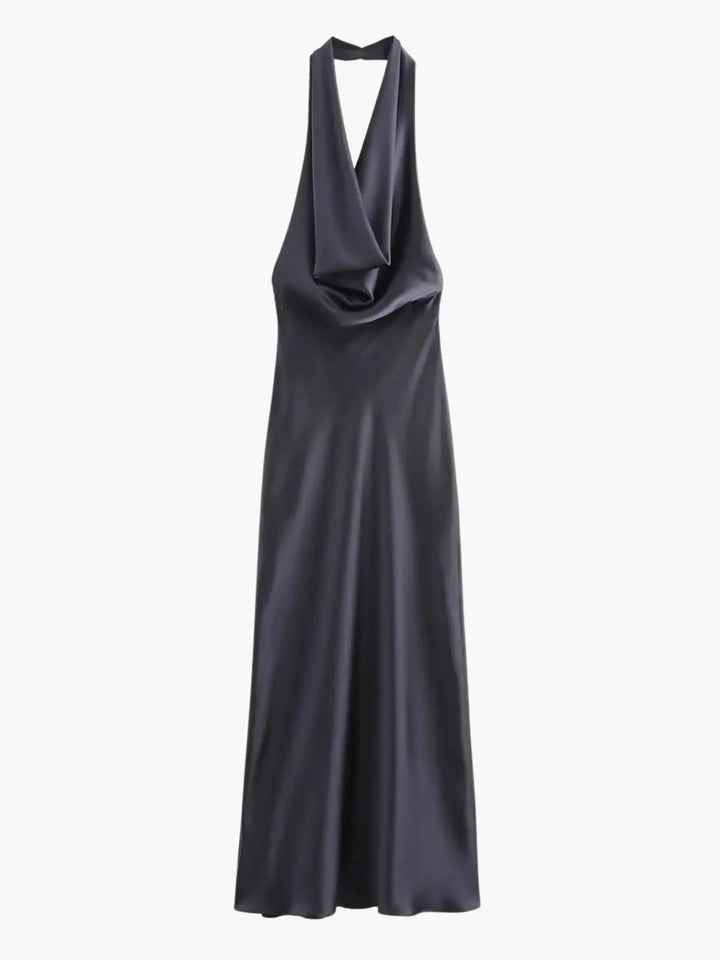Klänning Maxi | Elegant Satin-Maxiklänning med Vattenfallskrage | Ärmlös | Fest &amp; Kväll