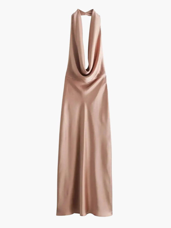 Klänning Maxi | Elegant Satin-Maxiklänning med Vattenfallskrage | Ärmlös | Fest &amp; Kväll