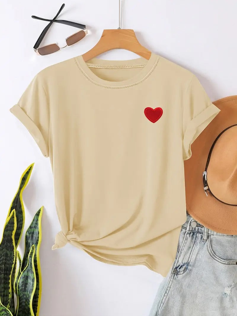 T-shirt för kvinnor | Hjärtformat tryck & Rund hals | Avslappnade korta ärmar | För vår & sommar