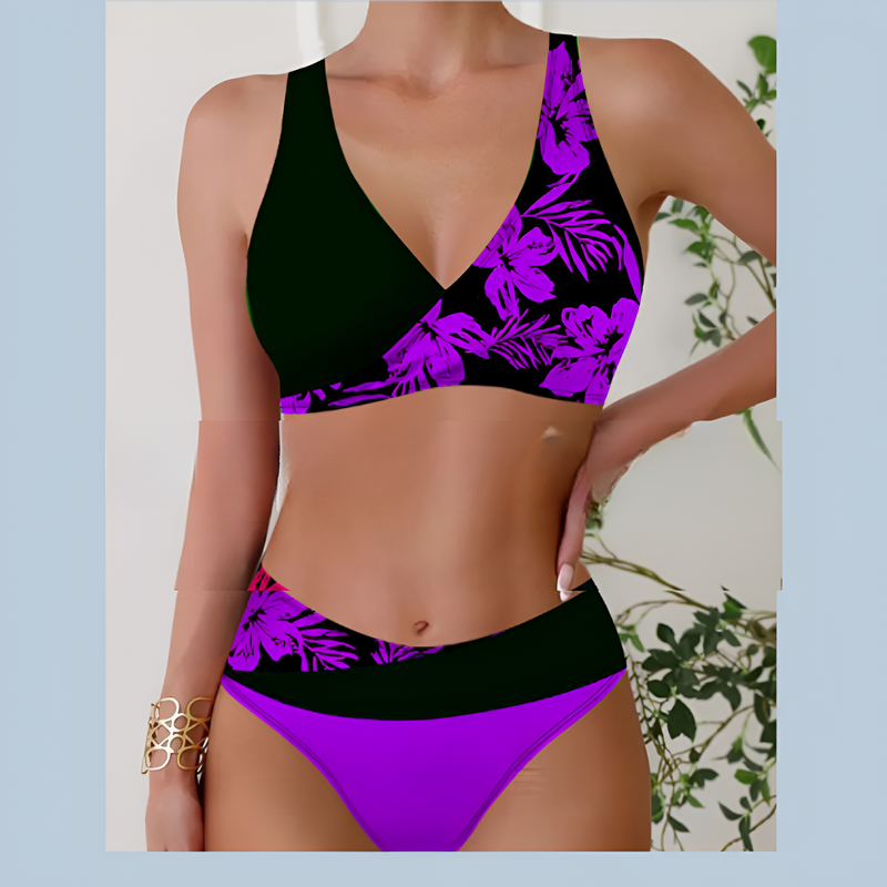 Kvinnor Bikini Set | Hög Midja | Blommigt Tryck | Tvådelad Baddräkt