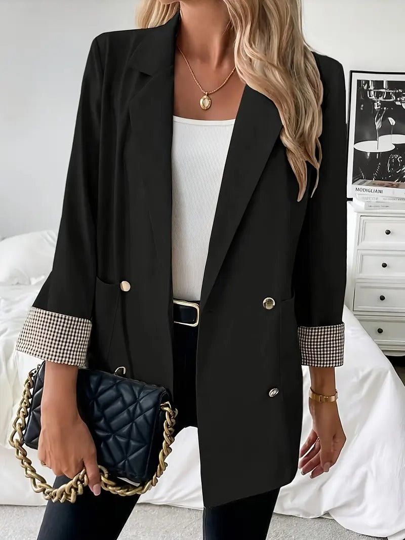 Blazer för dam | Svart stil & rutiga ärmar | Elegant omvänd krage | Casual till formell | Vår & sommar