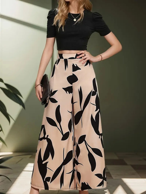 Damset | Elegant Tvådelat Set med Blus & Vida Byxor | Effen Design & Bladprint