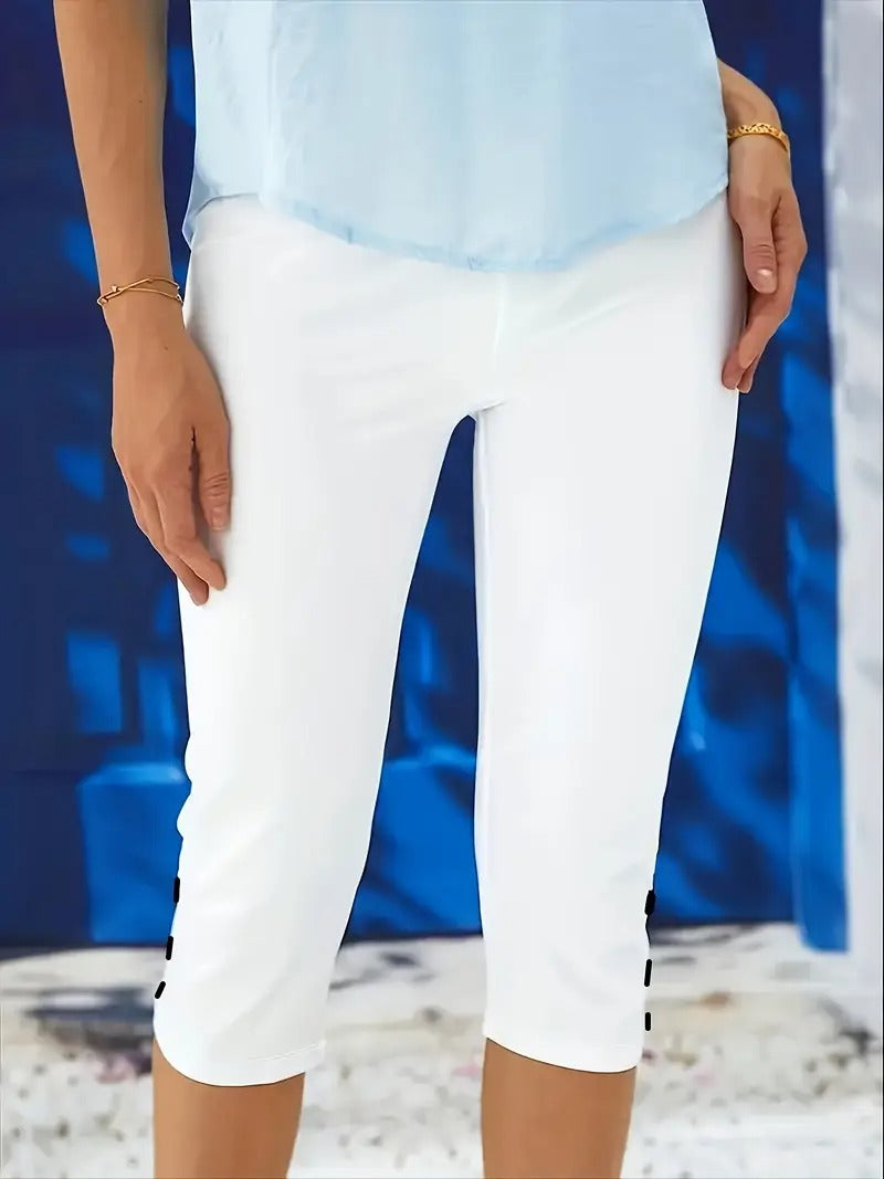 Dams Capri Byxor | Stretch & Bekväm Passform | Elastisk Midja & Knoopaccent
