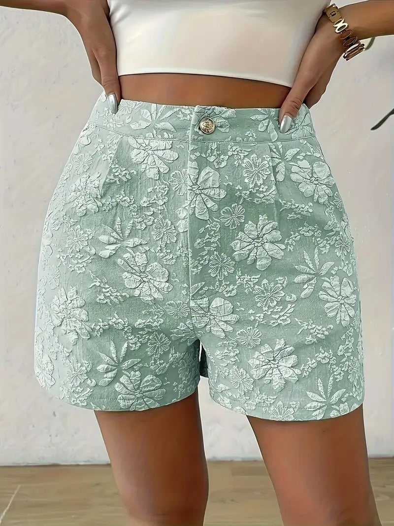 Kvinnors Blommiga Jacquard Shorts | Hög Midja &amp; A-Linje | Eleganta Damesshorts